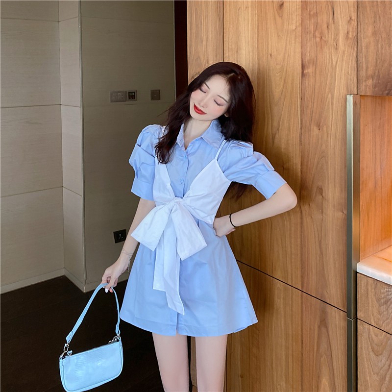 Set Áo Sơ Mi Thắt Nơ + Váy Yếm Lưng Cao Màu Trơn Phong Cách Hàn Quốc