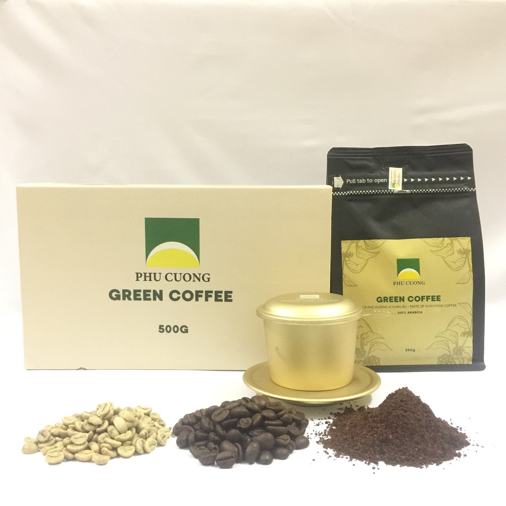 Cà phê xay Arabica Cầu Đất GREEN COFFEE GIFTS - Hộp quà biếu tặng sức khỏe, sang trọng1 gói Green Coffee 250g & 1 phin