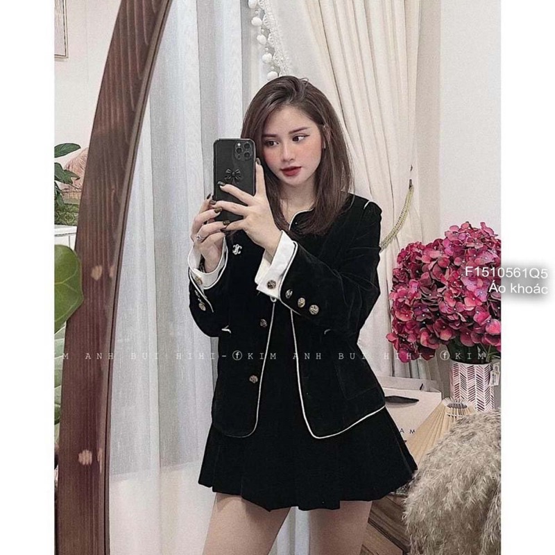 Áo khoác nhung đen 2 lớp khuy bấm ép đá hình tháp tay dài 1023 thaotranshop90
