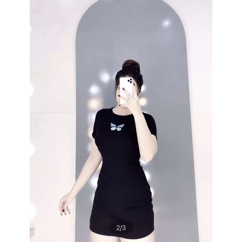 Đầm ôm body thun gân thêu bướm