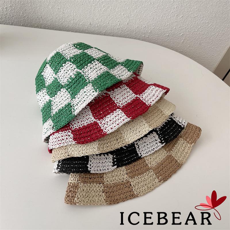 ICE-Women Bucket Hat Plaid Pattern Woven Style Hollow-Out Fisherman Hats Ladies Sweet Beach Head Wear