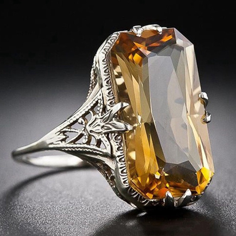 Ring Baguette Emerald Cut Lemon Yellow Citrine Retro Hollow Diamond Jewelry Birthday Proposal Gift