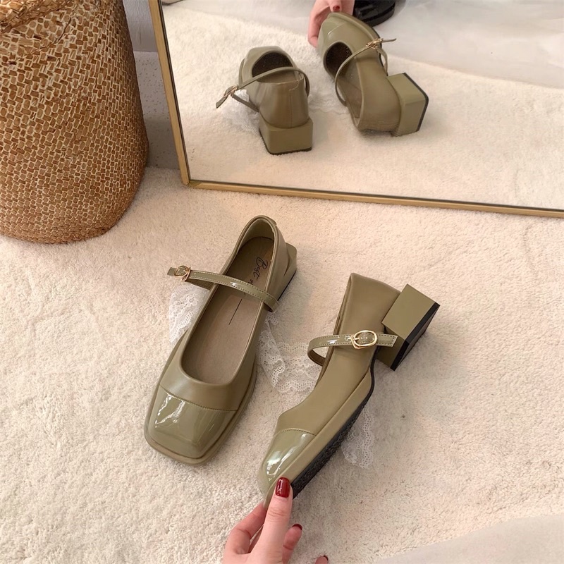 Giày marry jane mũi vuông da bóng giày quai ngang