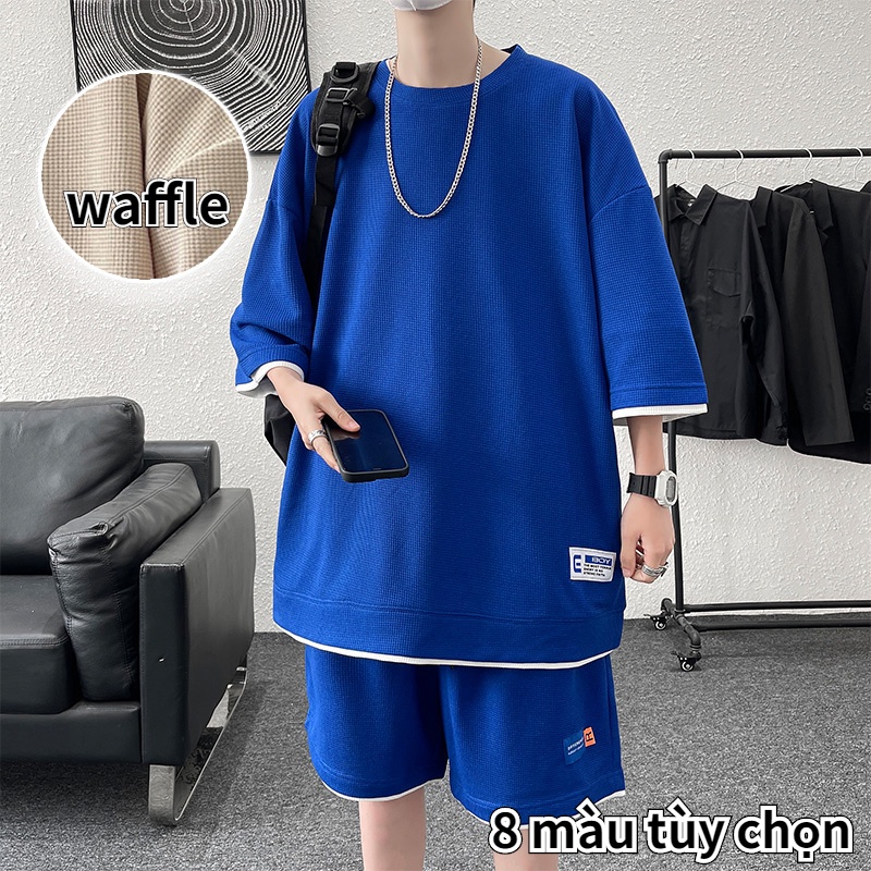 waffle đồ bộ nam Set Áo Thun Ngắn Tay + Quần Short Thể Thao Thời Trang Nam quần ngắn bộ set bộ bigsize