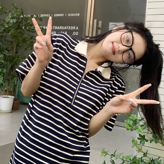 Đầm polo ZHELIHANGFEI dệt kim ngắn tay dáng rộng kẻ sọc cá tính thời trang