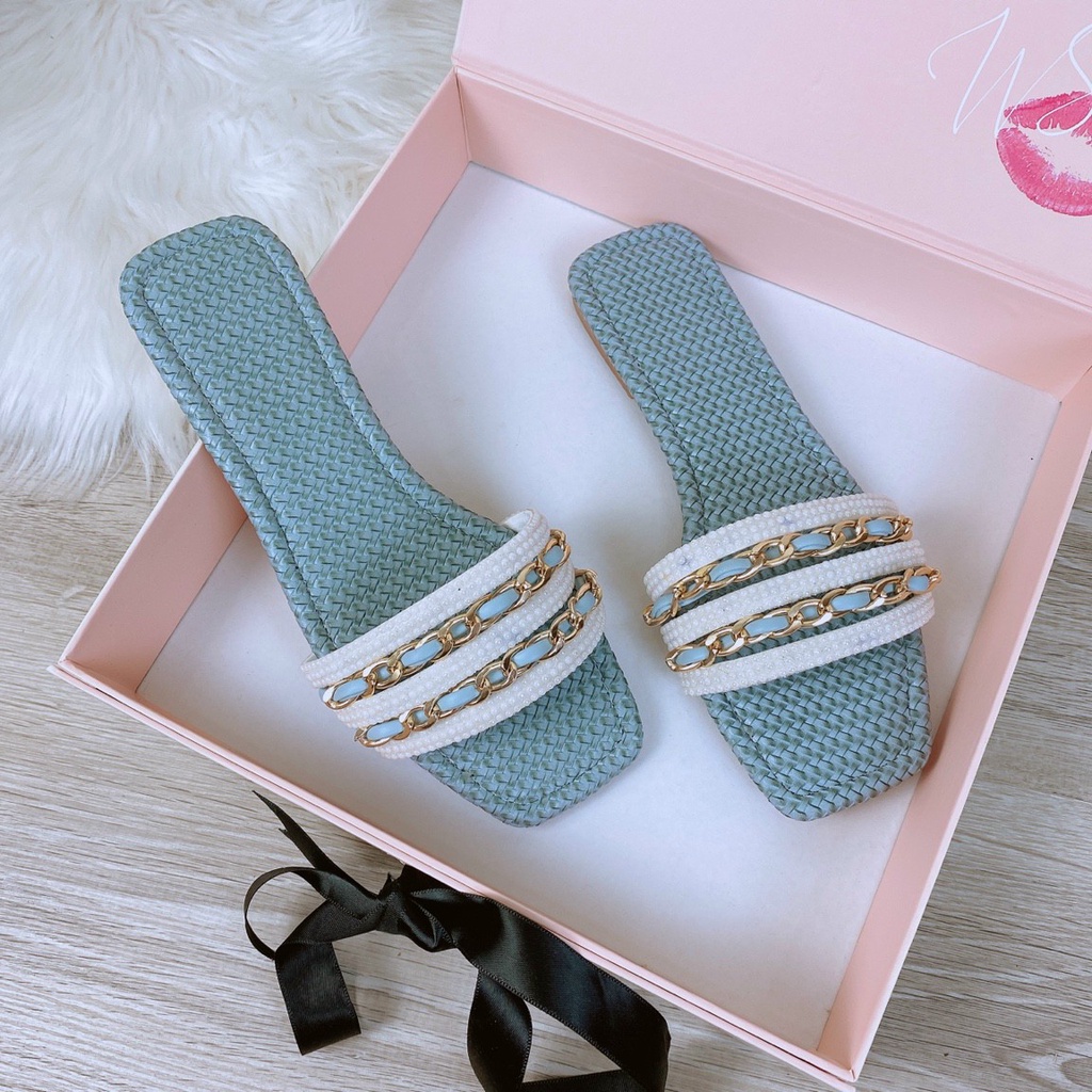 Dép Nữ Đế Bệt Hở Mũi  MINHTUYETSHOES- Dép Nữ Quai Ngang Đính Đá Dây Xích Mẫu Mới Bền Đẹp Giá Tốt Đi Chơi,Đi Biển mã DNX1