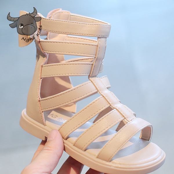 Giày sandal chiến binh cao cổ - Xăng đan bé gái thắt nơ sau phong cách hàn quốc da PU MG Baby 656
