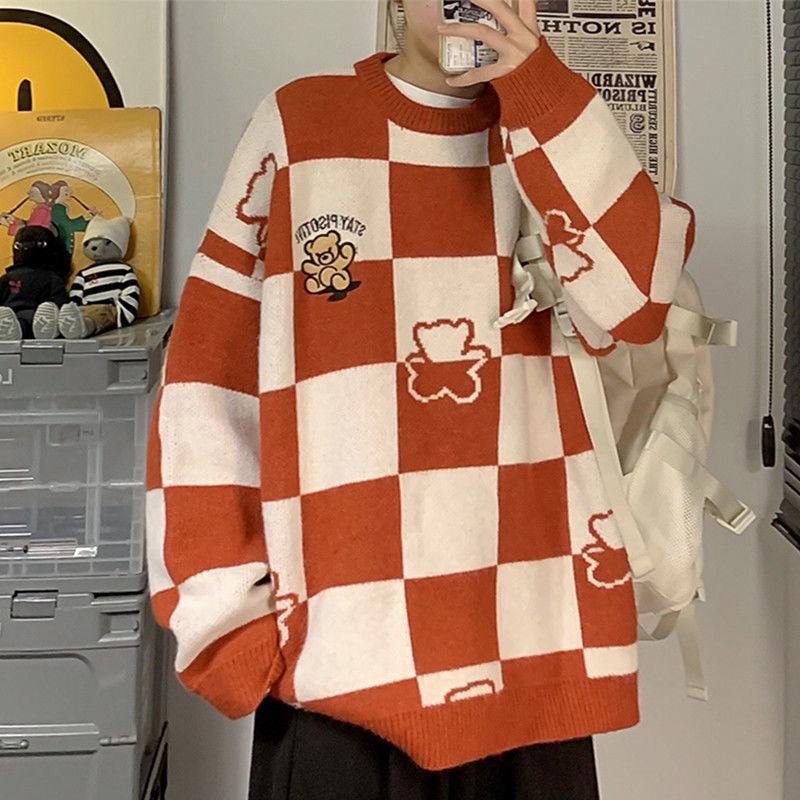 Áo Sweater Dáng Rộng Thêu Hình Gấu Bàn Cờ Vua Kiểu Vintage Thời Trang Mùa Đông Cho Các Cặp Đôi