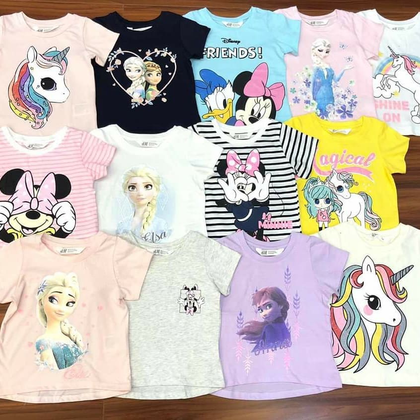 Áo cộc tay hm cho bé gái thun cotton in hình elsa dễ thương