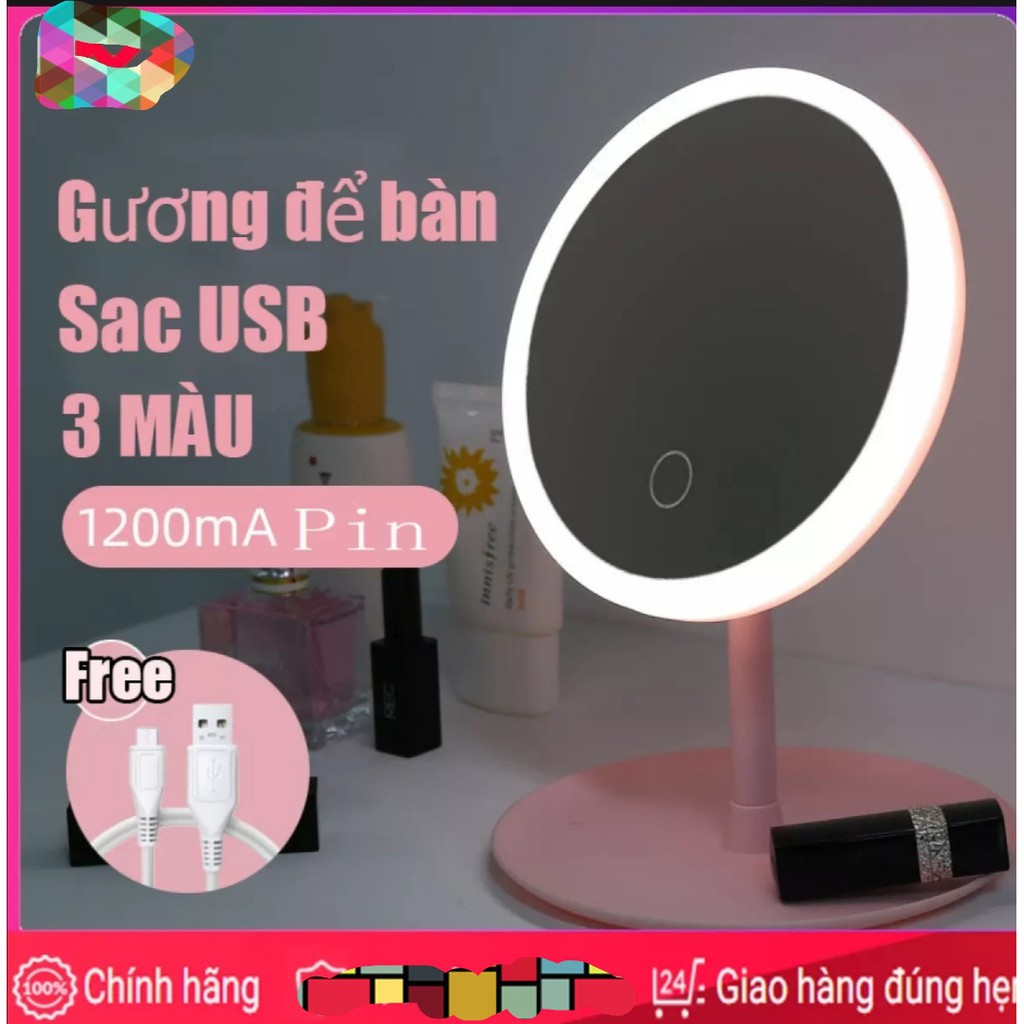 Gương Tròn trang điểm để bàn có đèn led,  gương tròn đèn led cảm ứng với 3 chế độ sáng, Màu hồng Sang Chảnh Sử Dụng cáp.