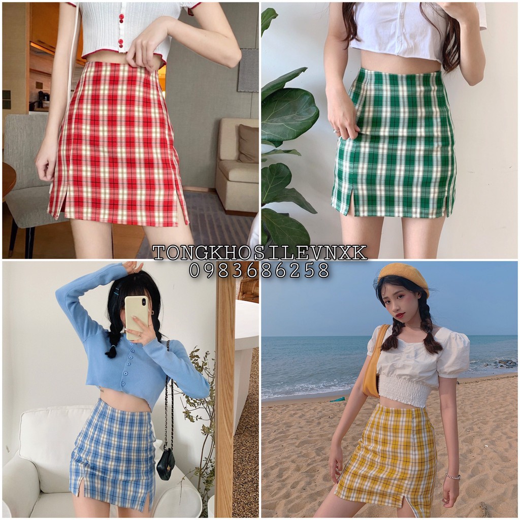 CHÂN VÁY CHỮ A KẺ CARO XANH ĐỎ VÀNG KHÓA KÉO CHUN SAU - CHÂN VÁY KẺ CARO ULZZANG | BigBuy360 - bigbuy360.vn