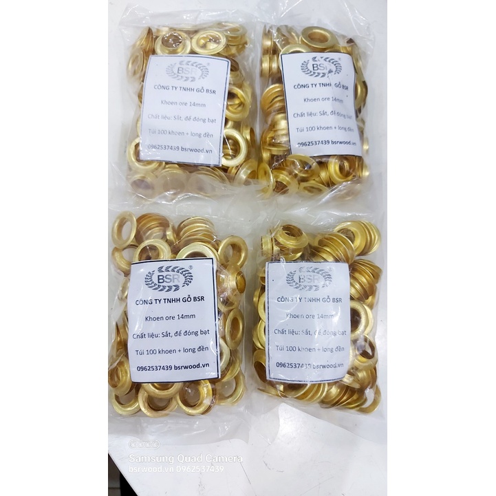 Khoen ore mắt cáo 14mm Bằng sắt xi màu VÀNG Khuy mắt cáo bấm bạt, túi giấy Túi 100 cái + 100 long đền