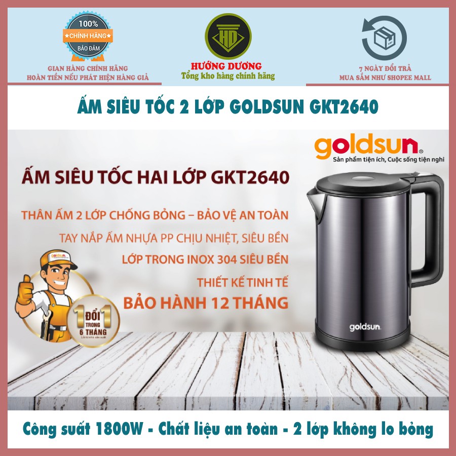 Ấm siêu tốc 2 Lớp công suất 1800W Goldsun GKT2640 1.7L Hàng chính hãng