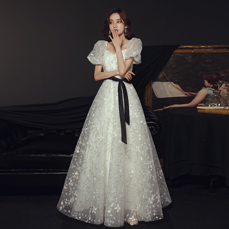 Đầm Dài Dự Tiệc Tối Màu Trắng Phong Cách Pháp 2022 Mới