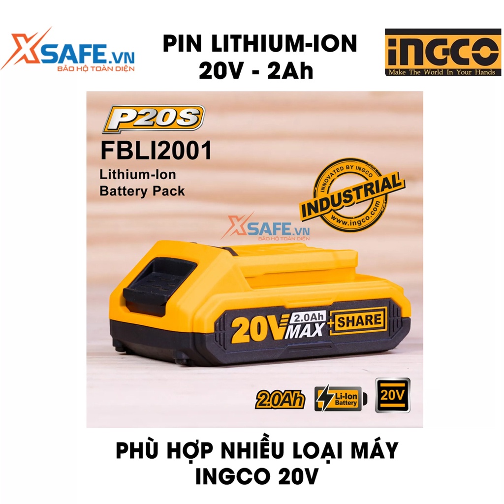 Pin Litium INGCO FBLI2001 2Ah Pin máy khoan điện thế 20V, có đèn led hiển thị dung lượng pin, dùng cho máy cầm tay INGCO