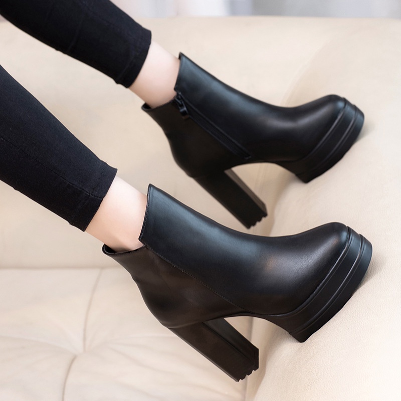 Giày Boot Cao Gót Màu Đen Chống Thấm Nước Thiết Kế Đơn Giản Thời Trang Dành Cho Nữ