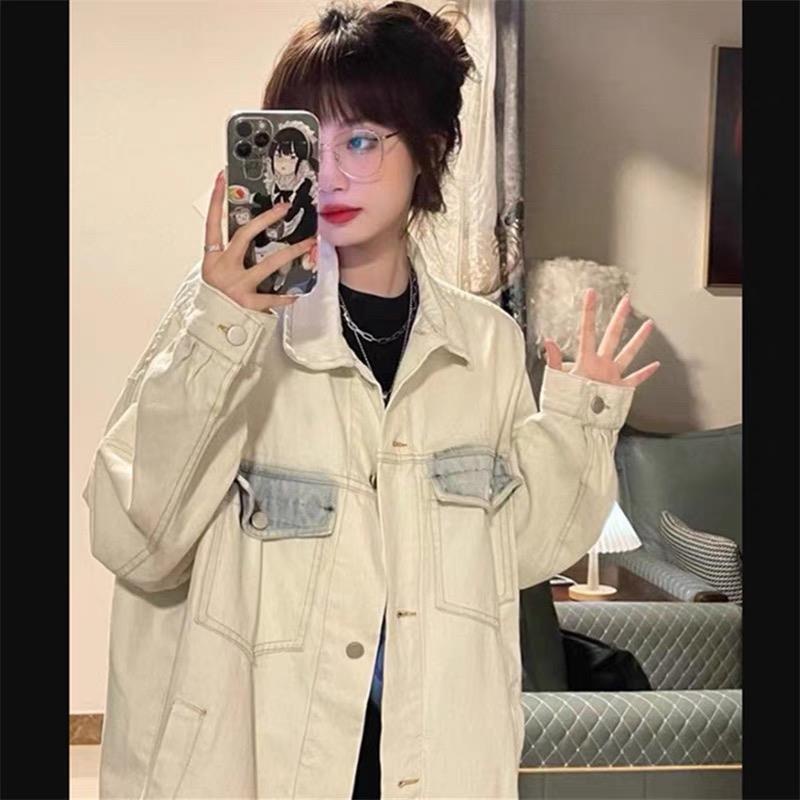 Jiashucheng Áo Khoác Denim Phối Túi Dáng Ôm Phong Cách Hàn Quốc Mùa Thu Cho Nữ