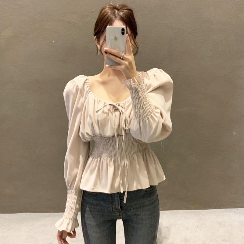 COZOK Áo Sơ Mi Tay Dài Cổ Vuông Nhấn Eo Phong Cách Retro Nữ Tính