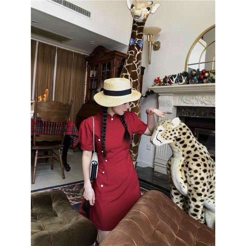 Đầm đỏ cổ tàu nút lệch | BigBuy360 - bigbuy360.vn