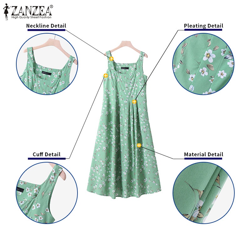 Đầm dài ZANZEA không tay cổ vuông có túi in họa tiết thời trang dành cho nữ