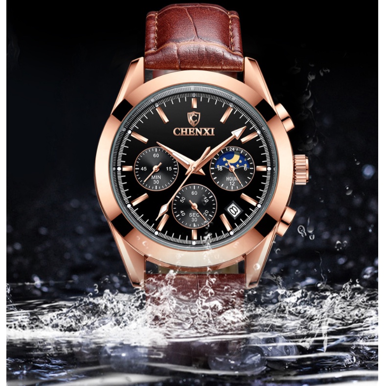 Đồng Hồ Thể Thao CHENXI 905A Ba Mắt Đa Chức Năng Chống Thấm Nước Với Dây Đeo Da Dạ Quang