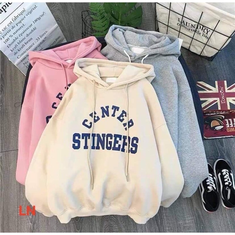 áo hoodie nỉ mũ túi bụng in chữ center stinger