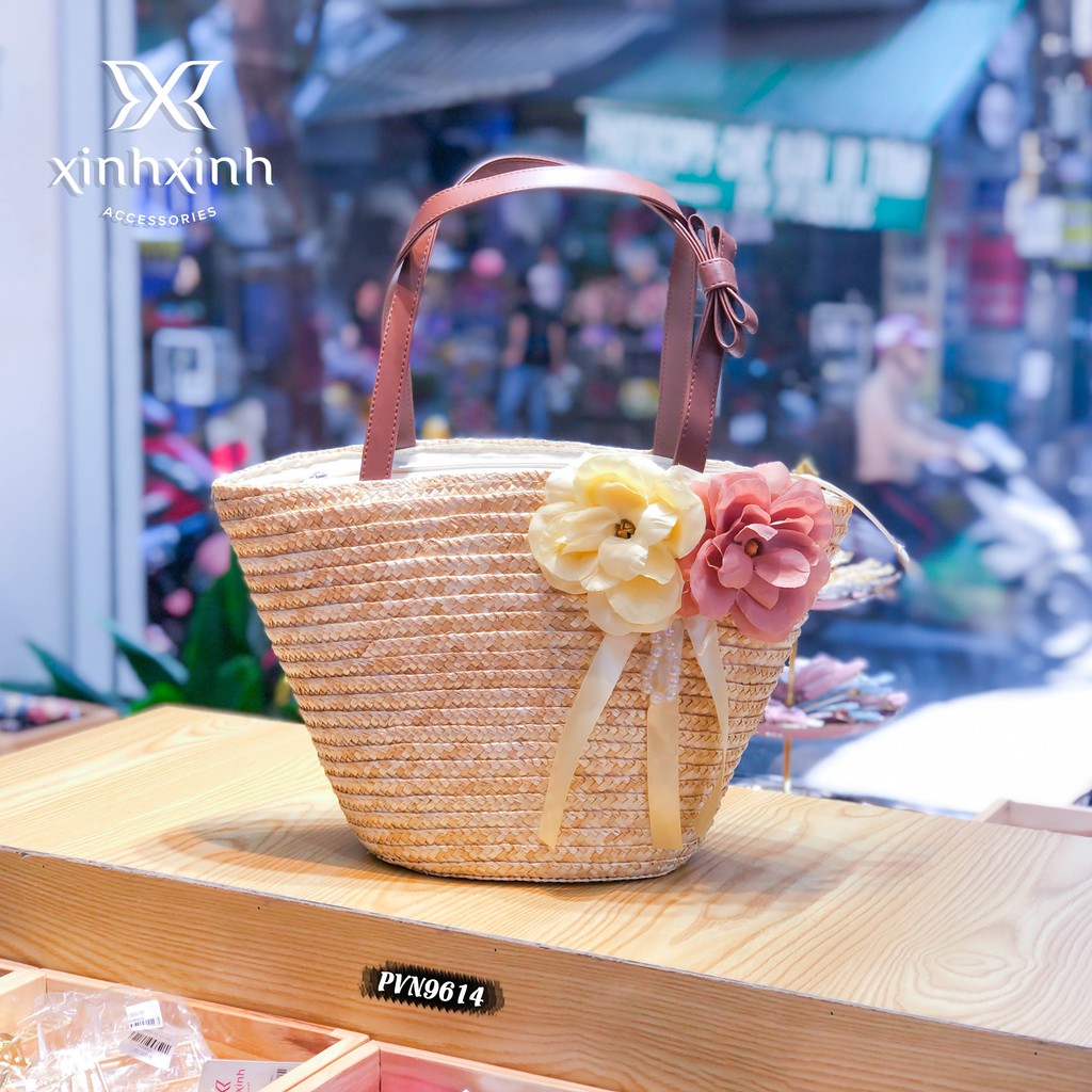Túi cói hoa trà quai da cao cấp