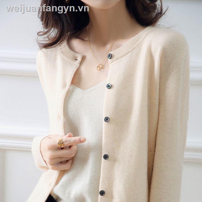 Áo Cardigan Dệt Kim Tay Dài Cổ Tròn Dáng Rộng Thoáng Khí Màu Trơn Thời Trang