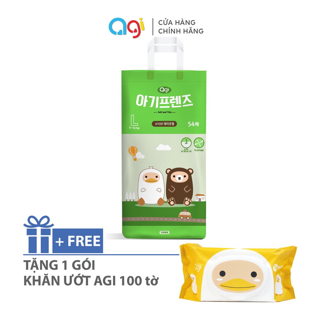 Tã dán Agi size L 54 MIẾNG + Tặng 1 gói khăn ướt Agi 100 tờ hương bất kỳ