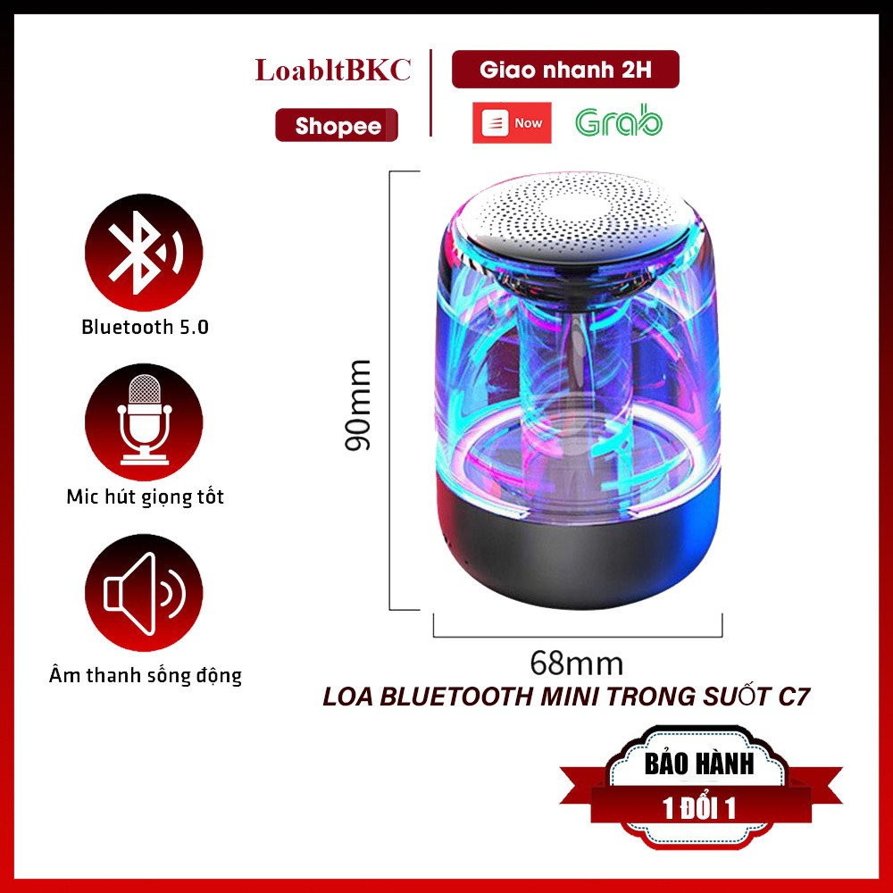 Loa bluetooth mini C7 600/1000mah, Loa blt mini trong suốt bass vòm tích hợp đèn LED hỗ trợ thẻ nhớ TF - BH 6 tháng