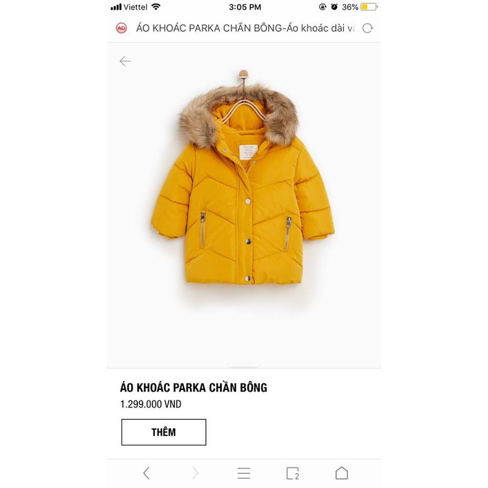Áo khoác phao parka zara mũ lông bé trai, bé gái 3 màu vàng, đỏ, than