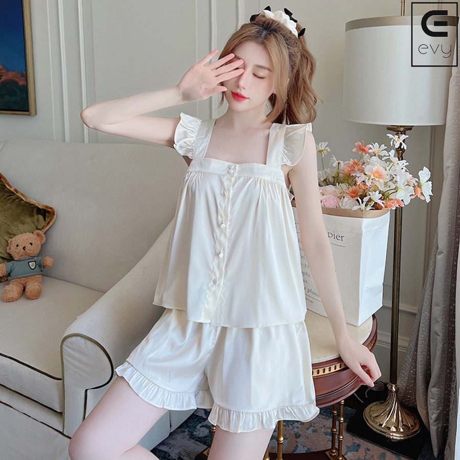 Bộ đồ lụa nữ tính, bộ hai dây cánh tiên dễ thương  - Evy Design