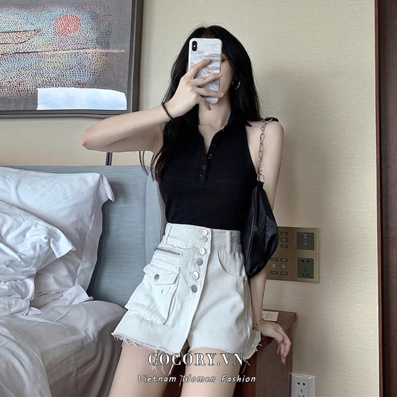 Cocory vn Áo ngắn có cổ sát nách dáng ôm quyến rũ