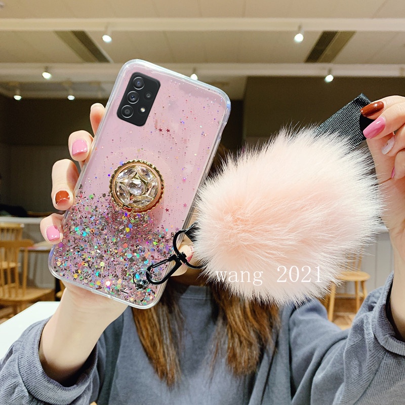 Ốp Điện Thoại Dẻo Đính Đá Lấp Lánh Sang Trọng Kèm Giá Đỡ Và Quả Bông Cho Samsung Galaxy A73 A53 A33 M23 M33 5G A13 A23 LTE 4G 2022