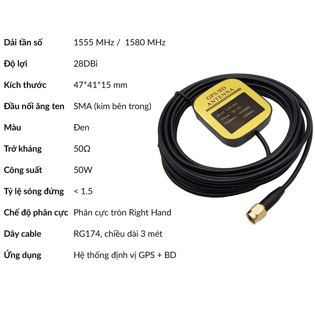 Anten định vị GPS BD 28dBi đầu ra SMA cáp dài 3 mét