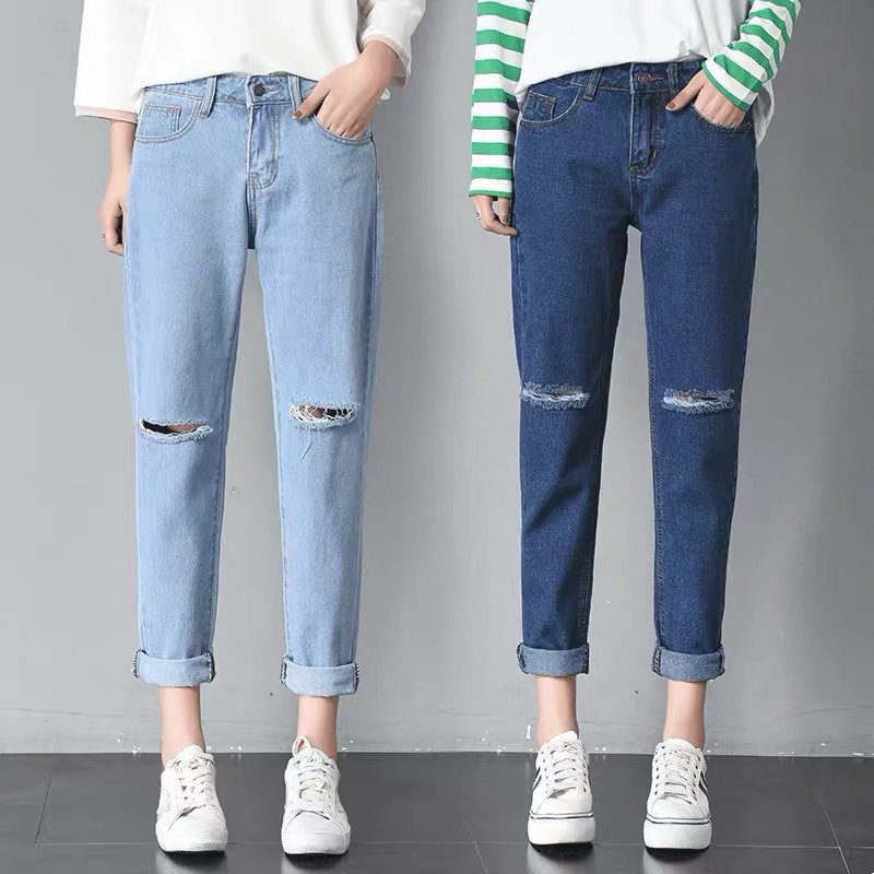 QUẦN BAGGY JEAN NỮ RÁCH 2 GỐI CÓ SIZE ĐẠI BIG SIZE