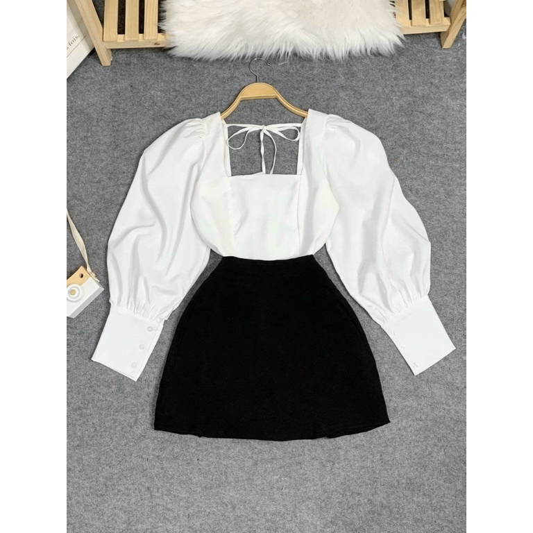 SÉT ÁO PHỐI CHÂN VÁY TAY DÀI CỔ VUÔNG CHẤT FORD LỊCH THIỆP PU HHP FASHION