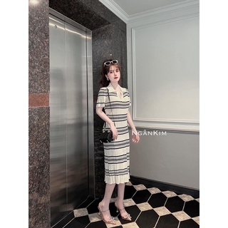 Váy len xuông kẻ cổ bẻ hàng Qc