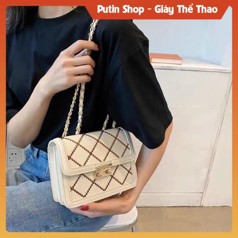 Túi xách đeo chéo nữ 3 ngăn kẻ caro siêu xinh, Túi Sách đeo vai màu trắng kem dây da luồn xích phong cách Hàn