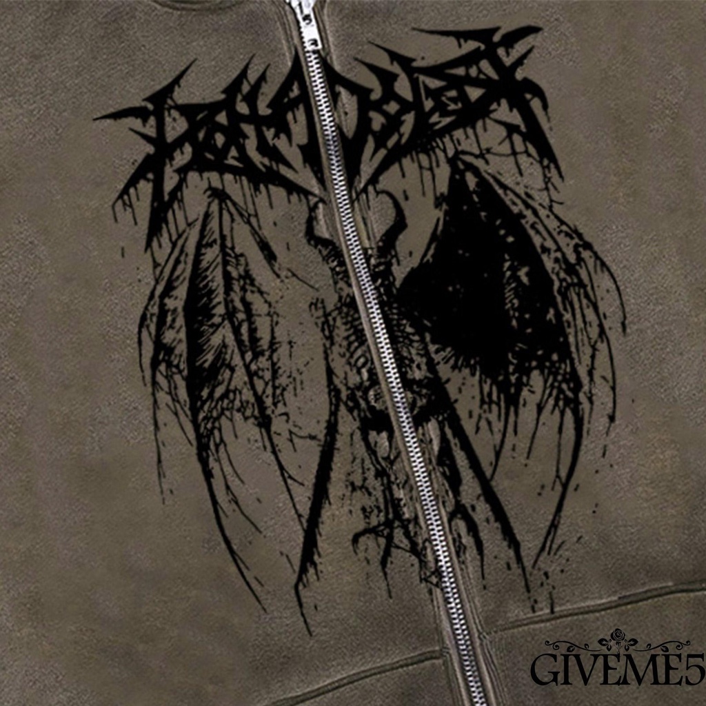 Áo hoodie tay dài dáng rộng có dây khóa kéo và dây rút in hình ác quỷ thời trang cá tính dành cho bạn nữ