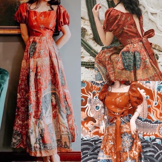 Đầm maxi thổ cẩm tay phồng hở lưng