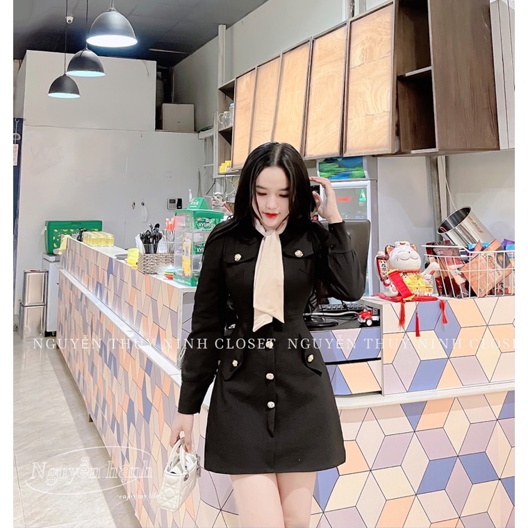 Đầm kaki cúc đồng phối cổ lụa