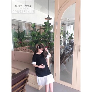 Váy bầu đen phối trắng tay và gấu váy
