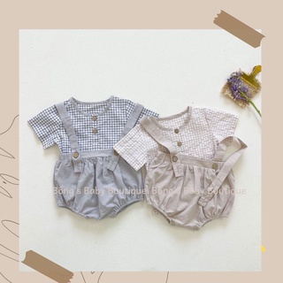 (Bé trai) Set bộ áo họa tiết kẻ caro kèm yếm xinh