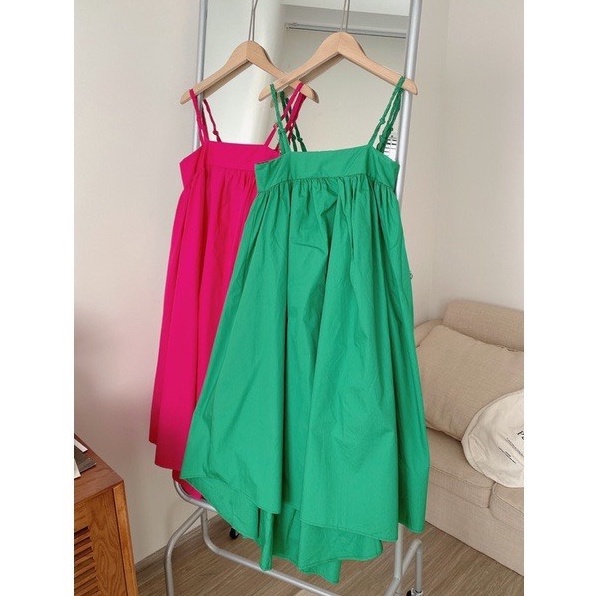 Đầm maxi 2 dây chun ngực đi biển váy đuôi tôm 2 màu xanh hồng, váy maxi dáng dài - Tira V1607