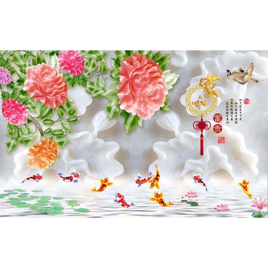 Tranh 3d dán tường chủ đề cá chép cá koi hồ sen thác nước tặng kèm phụ kiện
