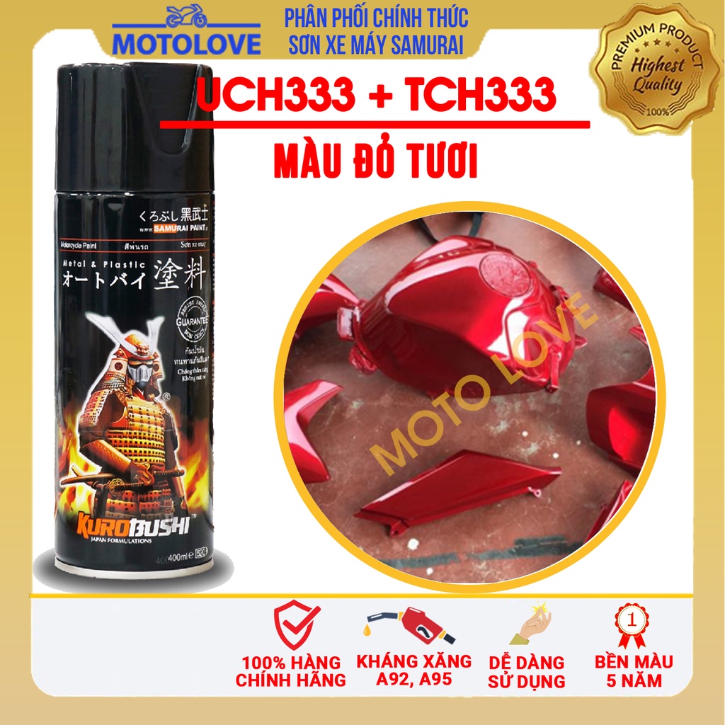 Combo sơn samurai đỏ tươi UC + TCH333 - hệ thống sơn xịt màu 2 lớp dành cho sơn xe máy, ô tô