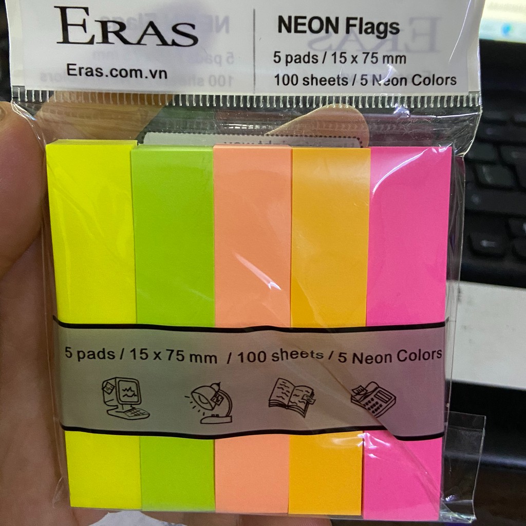 GIẤY NOTE 5 MÀU NEON FLAGS 100 TỜ ERAS KT 15 X 75MM