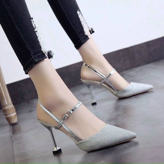 Giày cao gót kim tuyến Zoom Store Vintage quai hậu mũi nhọn bít mũi Cao Cấp