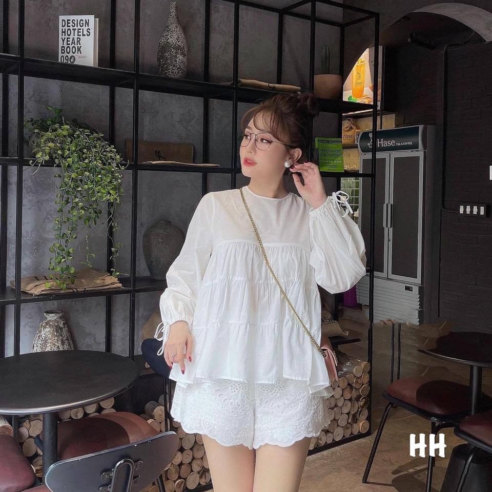 Áo babydoll dáng xòe tiểu thư áo kiểu dáng xòe cài cúc sau tay dài siêu xinh AN01